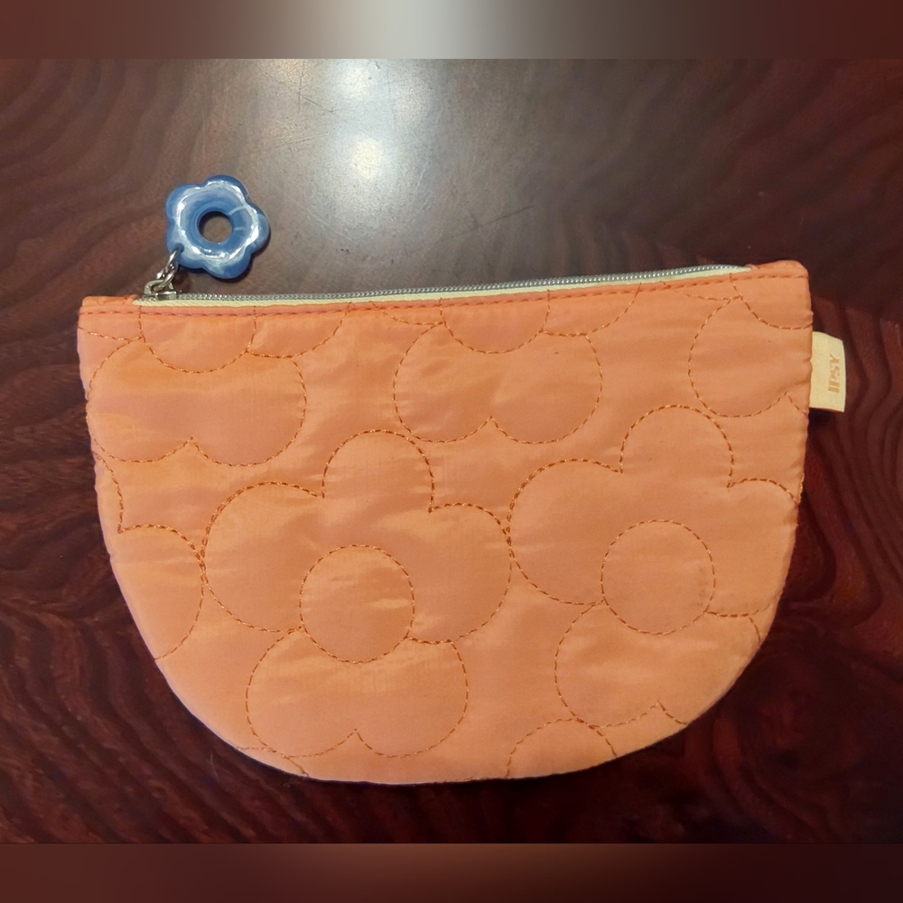 ipsy Orange Quilted Cosmetic Bag with Blue Flower Charm